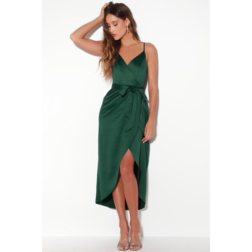 Lulus Joice Forest Green Satin Midi Dress - Size M - WORN ONCE